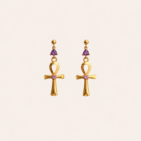 Amethyst Ankh Drop Earrings - ISHKJEWELS