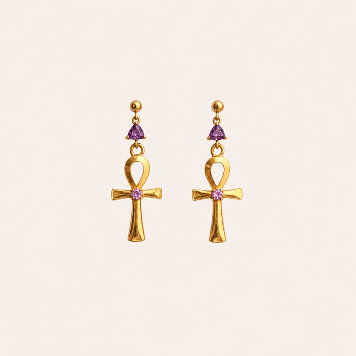 Amethyst Ankh Drop Earrings - ISHKJEWELS