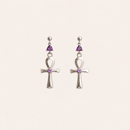 Amethyst Ankh Drop Earrings - ISHKJEWELS
