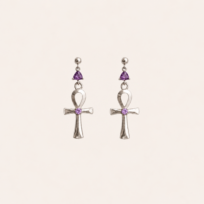 Amethyst Ankh Drop Earrings - ISHKJEWELS